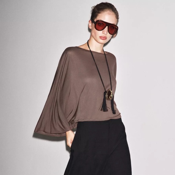 Zara NWT taupe cape flowy oversized top - Picture 4 of 10